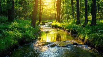 A peaceful brook meandering through a forest, with dappled sunlight on the water.