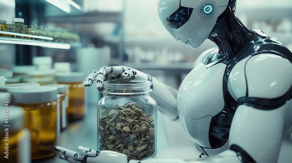 Poster a futuristic robot examines a jar of herbs in a laboratory filled with various containers and scient