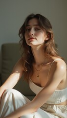 Naklejka premium Captivating portrait of a serene young woman in soft light at an intimate indoor setting