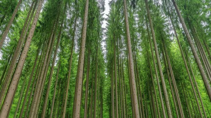 Lush Green Forest Canopy Low Angle View of Tall Trees