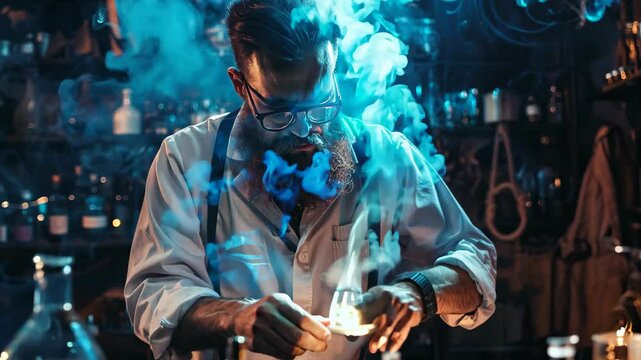 Scientist Conducting Experiment with Colorful Smoke and Glassware