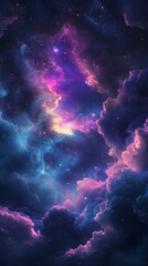 Deep space blue infused with striking neon pink radiating across surreal floating clouds in a hyper-realistic celestial scene