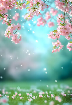 Fototapeta Beautiful blurred spring background nature with blooming glade, trees and blue sky on a sunny day spring poster template with large copy space for text