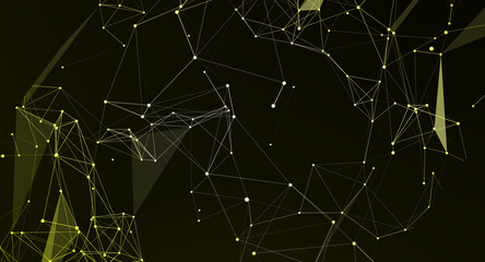 Abstract geometric network of interconnected nodes and lines on black background