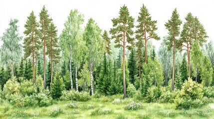 Lush Green Forest Landscape with Pine and Birch Trees