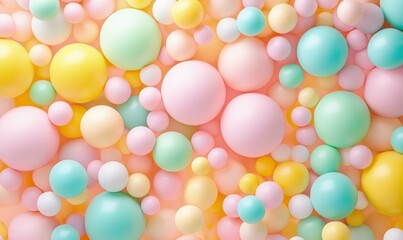 background of pastel-colored spheres and balls, creating an abstract pattern with soft colors and shapes