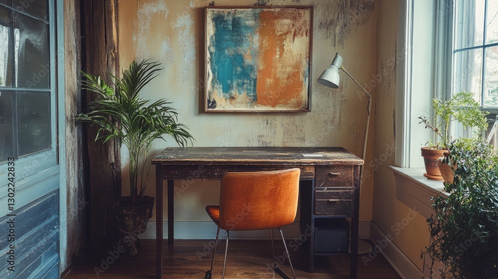 Poster rustic workspace with vintage desk and artistic decor in a cozy setting