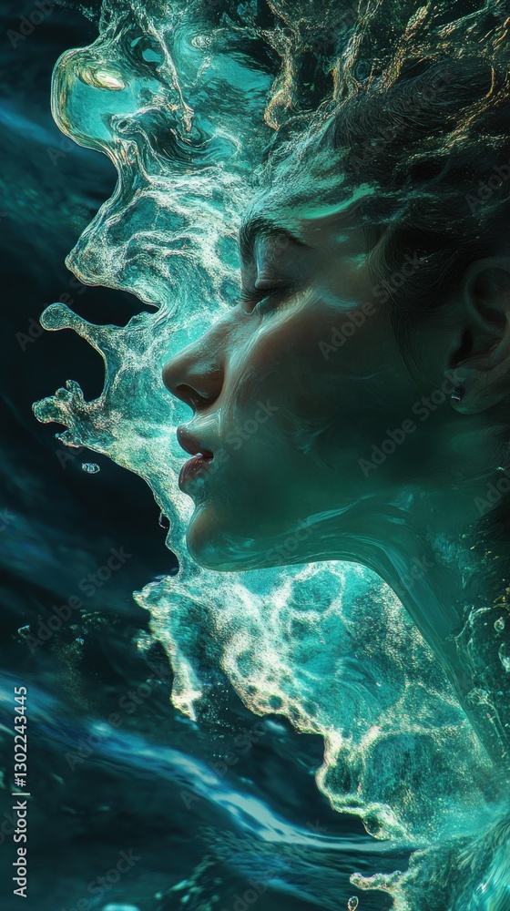 Poster surreal representation of a glowing woman submerged in vibrant water creating ethereal waves of ligh