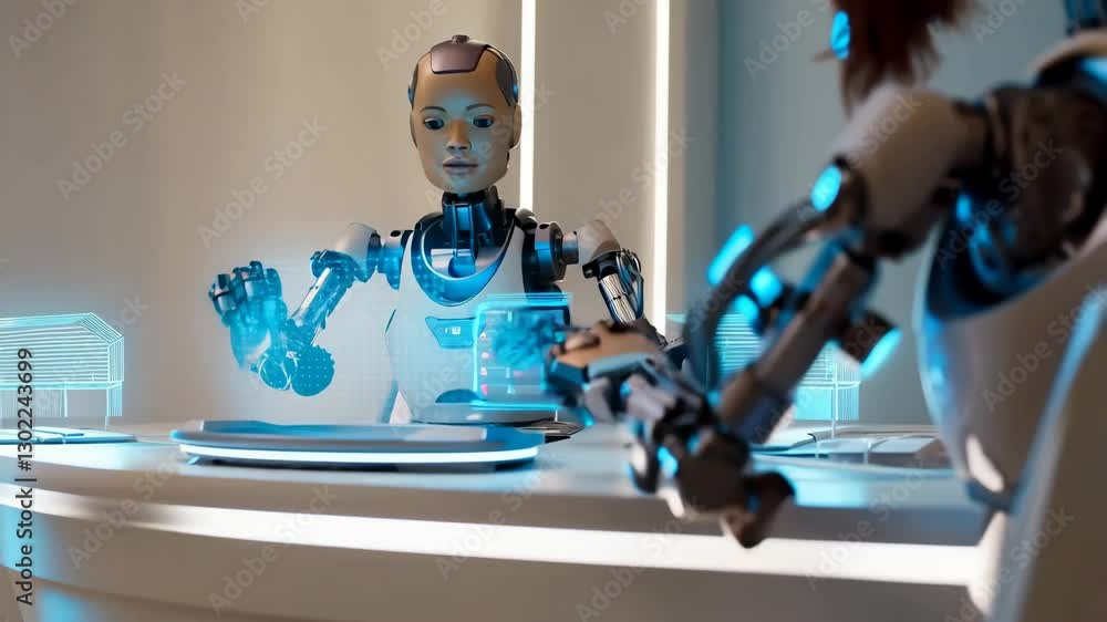 Poster robotic figures interacting via holographic display, analyzing architectural blueprints using sophis
