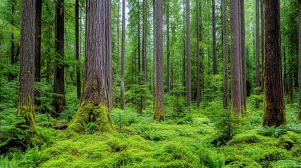 Lush Green Forest with Mossy Undergrowth and Sunlight Filtering Through Canopy
