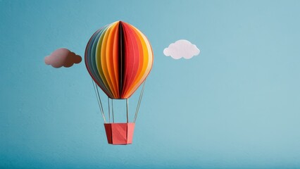  A vibrant paper hot air balloon floats playfully against a serene blue backdrop