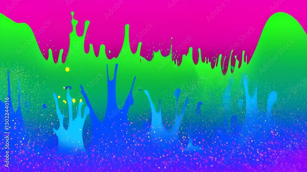 Poster colorful paint splatters exploding across surface, generating vivid dynamic energy with multicolored