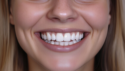 Obraz premium A close-up portrait of a cheerful woman with a bright smile, showcasing her healthy teeth. This image radiates happiness and confidence, perfect for health-related topics.