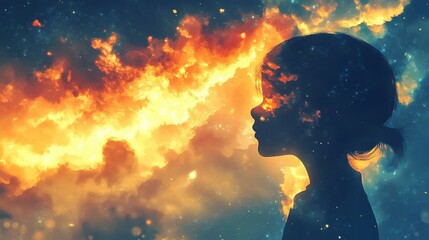Fototapeta premium Serene silhouette of a child glowing with cosmic colors at twilight in a dreamlike landscape