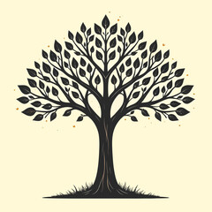 Hand drawn tree with roots flat vector illustration lino cut
