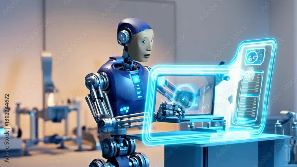 Poster advanced humanoid robot interacting with futuristic transparent display, showcasing data analysis an