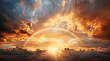 Naklejka premium Dramatic Sunset with Rainbow Arch and Golden Clouds