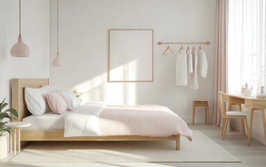 Minimalist bedroom with blush pink bedding, wood furniture, and natural light.