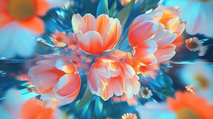 Fototapeta premium Vivid Orange Tulips and Daisies in a Floral Burst