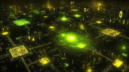 Futuristic Cityscape Glowing Green Yellow Illuminated Towers