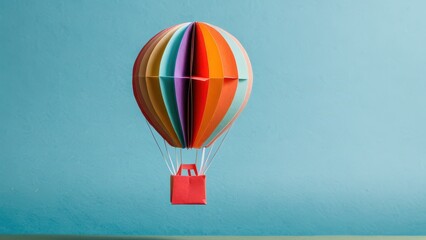 a whimsical paper hot air balloon floats in a vibrant sky