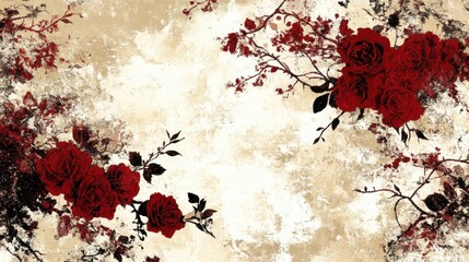 Dark Red Roses and Branches on a Textured Background