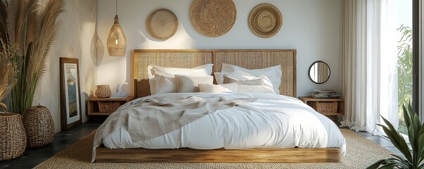 Modern Bedchamber Interior with Stylish Furniture and Cozy Bed Mockup