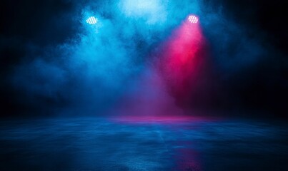 background with a spotlight on a dark floor. Blue and red lighting, with smoke or fog. A stage or concert backdrop with copy space