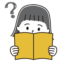 本を読む女の子のイラスト　はてなマーク　黒髪