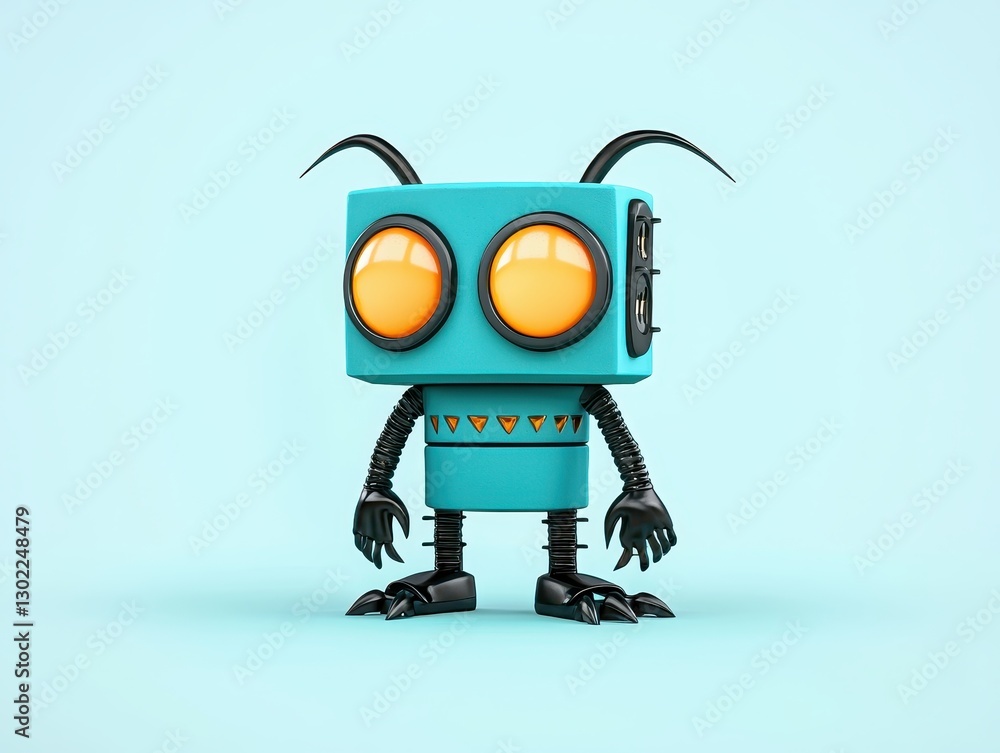 Poster colorful robot character with large eyes and unique features against a blue background