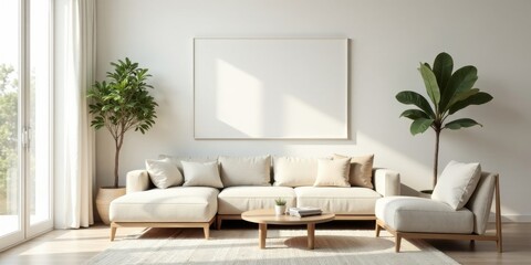 Modern Minimalist Living Room Design Featuring a Sectional Sofa and Two Potted Plants, Accented by a Large Blank Canvas Above
