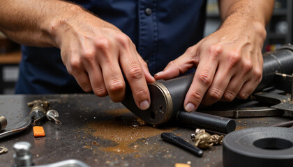 Hands repairing a camera lens on a workbench