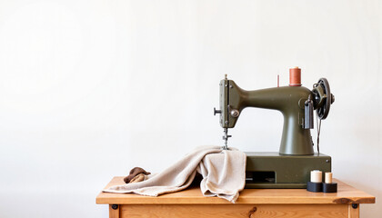 Sewing machine with fabric on wooden table