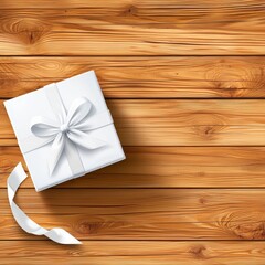 White Gift Box with Ribbon on Wooden Background