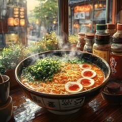 Steaming Bowl of Vibrant Ramen Noodles with Fresh Herbs and Vegetables