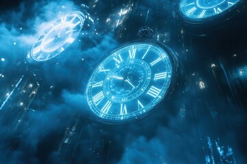 multiple transparent clock faces overlapping in dimensional space, showing different time zones with luminous blue numerals floating in misty cerulean atmosphere