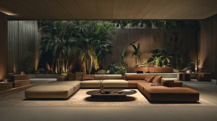 Modern Living Room Design with Tropical Plants and Soft Lighting