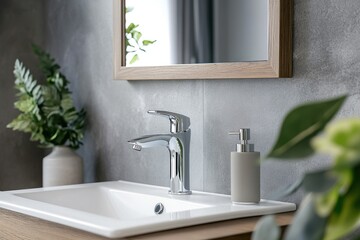 Fototapeta premium Modern bathroom sink with chrome faucet, soap dispenser, and plants.