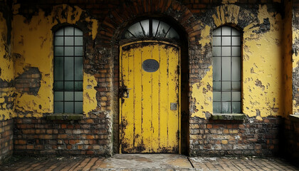 Rustic charm and yellow door, captured in an old brick building facade