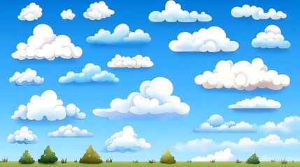 Cartoon Cloud Collection: Summer Sky Illustration with Green Field AI Generated