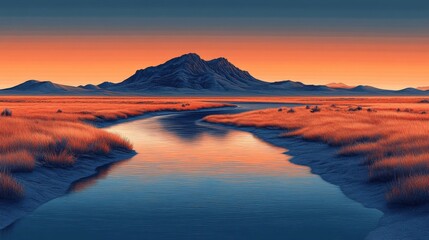 Fototapeta premium Serene Sunset Landscape with Mountain and River