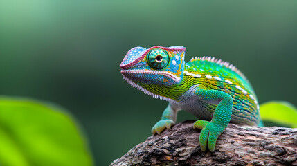 Fototapeta premium Close-Up of Vibrant Green Chameleon on Branch