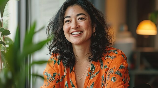 A brunette woman smiling warmly while talking to someone over a video call.