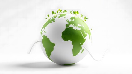 Earth globe with growing green sprouts on top against a clean, light background. Environmental growth concept.