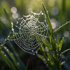 A dewdrop-covered flower with a small spiderweb glistening in the light.