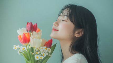 Obraz premium Hopeful Young Asian Girl Holding Flowers for Women’s Day