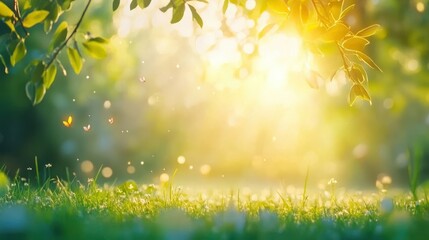 Fototapeta premium Sunlit Meadow: A tranquil meadow bathed in sunlight, with vibrant green grass, gentle bokeh, and soft focus, evokes a sense of peace and natural beauty.