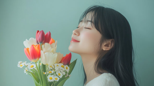 Hopeful Young Asian Girl Holding Flowers for Women&rsquo;s Day