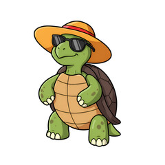 Fototapeta premium Cool Turtle Wearing Sunglasses and Summer Hat Illustration art cute icon happy beach funny image