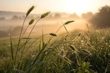 Golden Hour Grass Close-Up: Sunlit Blades with Dew and Soft Bokeh